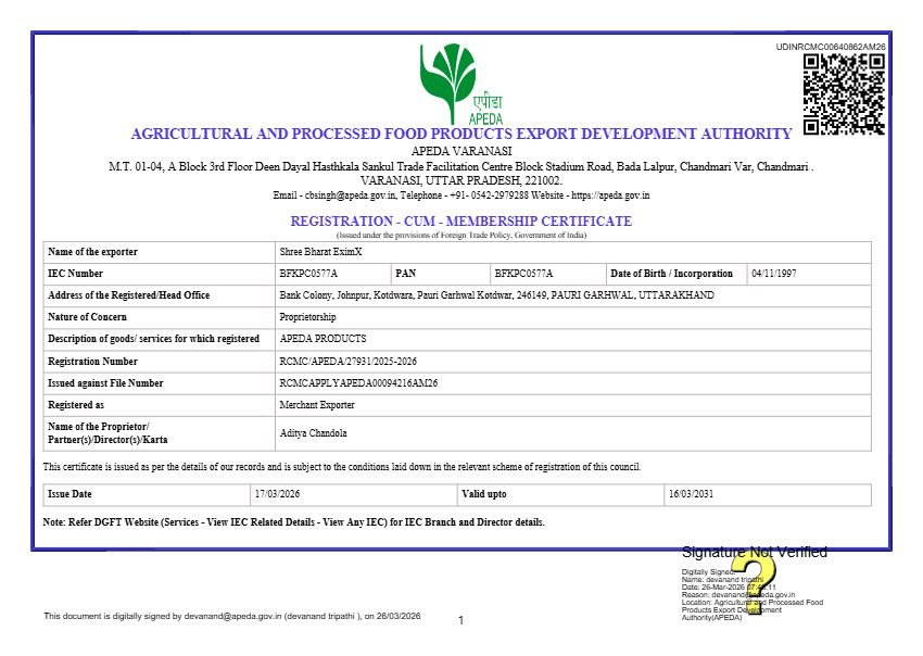 APEDA RCMC certificate — Shree Bharat EximX
