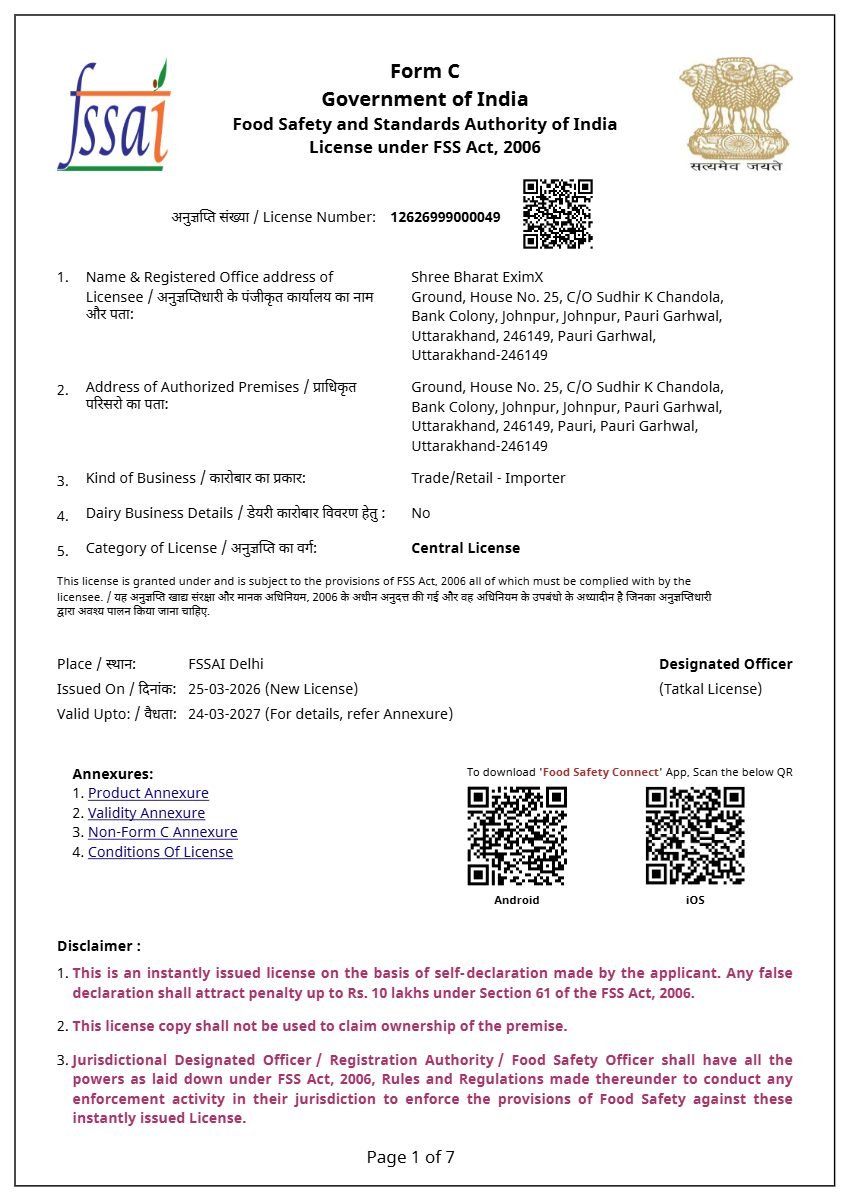 FSSAI certificate — Shree Bharat EximX